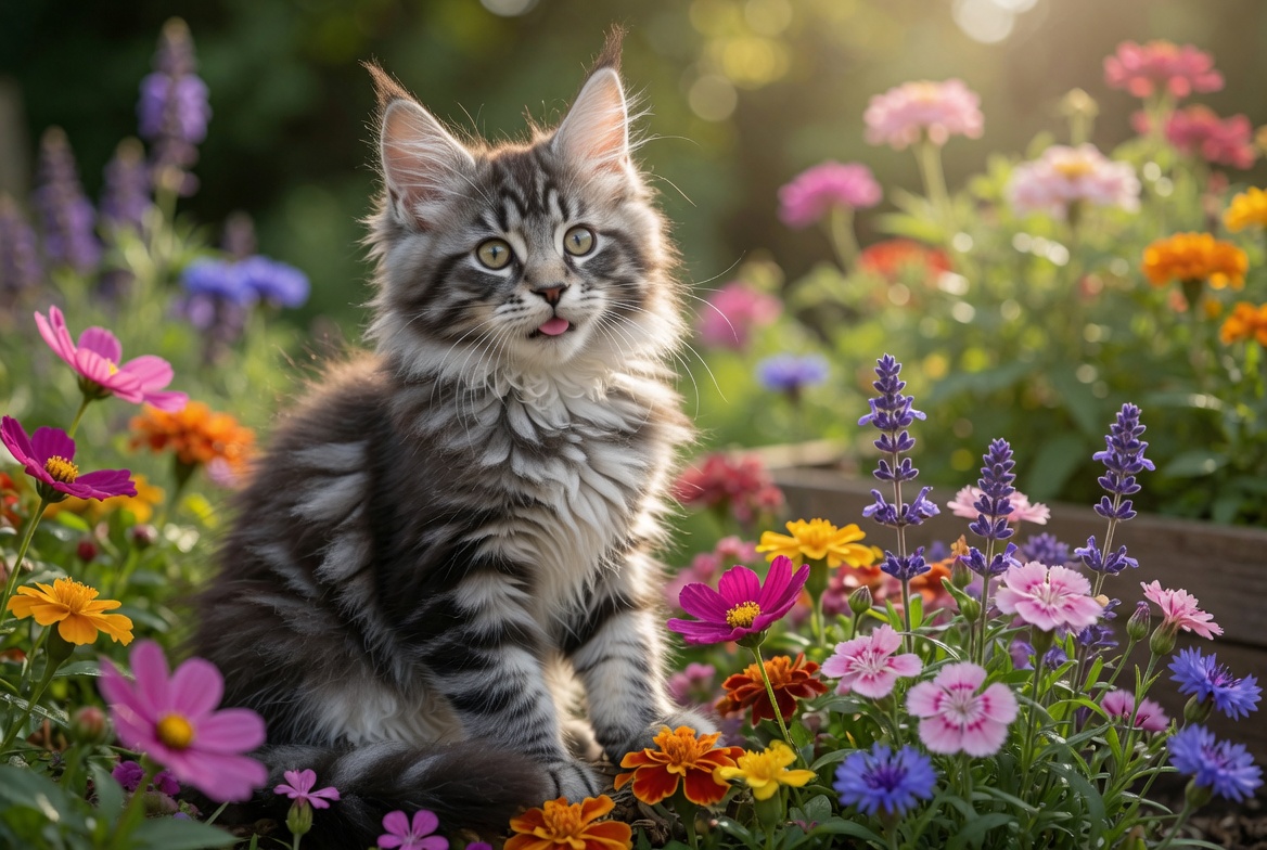 Red Tabby Polydactyl Maine Coon kitten Thor with flowers